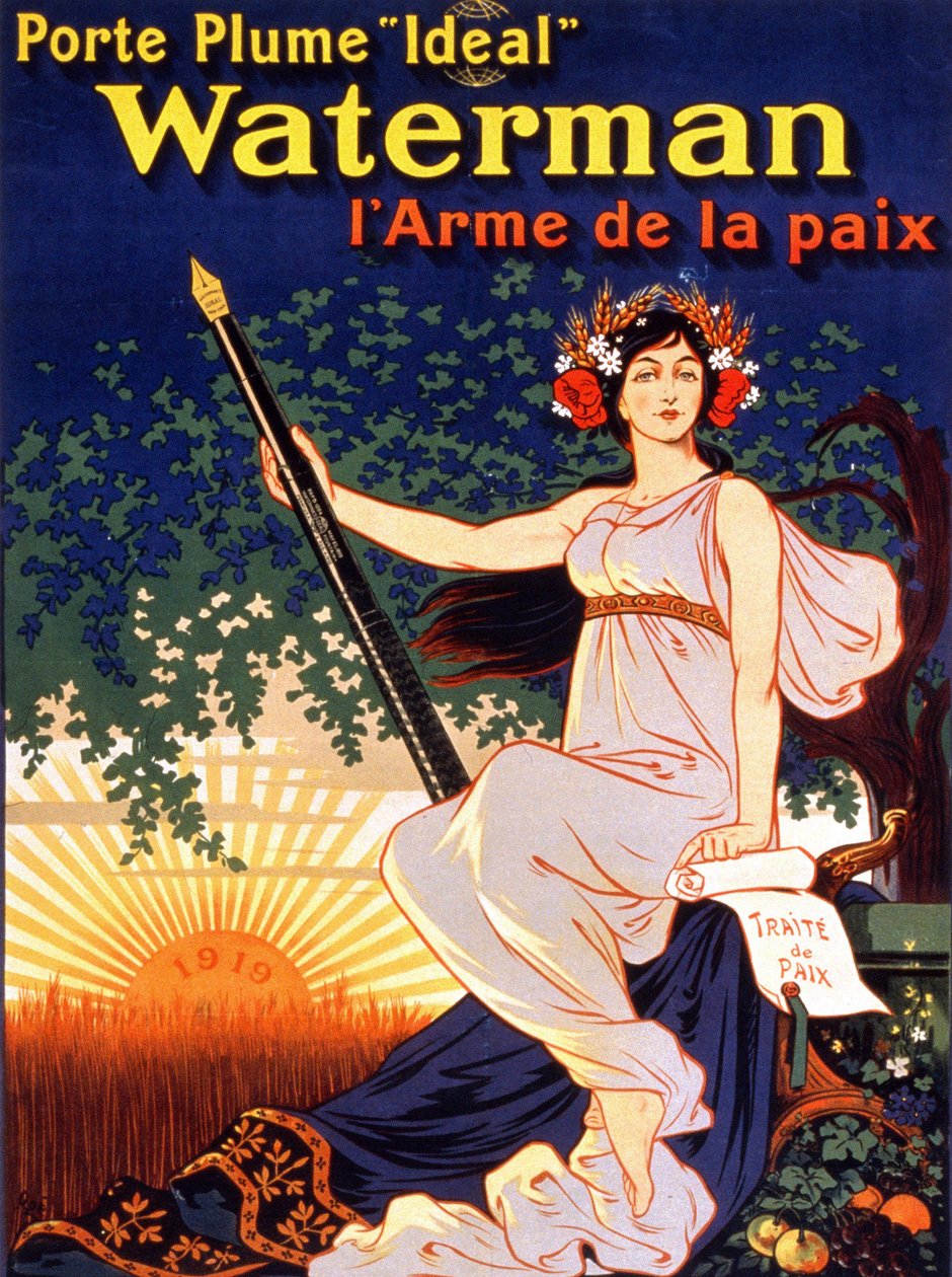 Cartaz publicitário para o "Porta-Fontanário Ideal Waterman, a Arma da Paz" (uma mulher detentora do Tratado de Paz e uma Pena Waterman"). Litografia de 1919. de French School