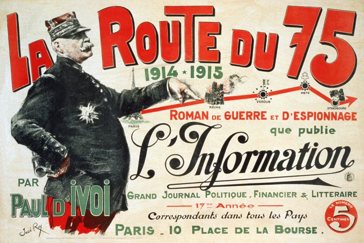 Cartaz publicitário para o romance "La Route du 75:1914 - 1915: Roman de guerre et d