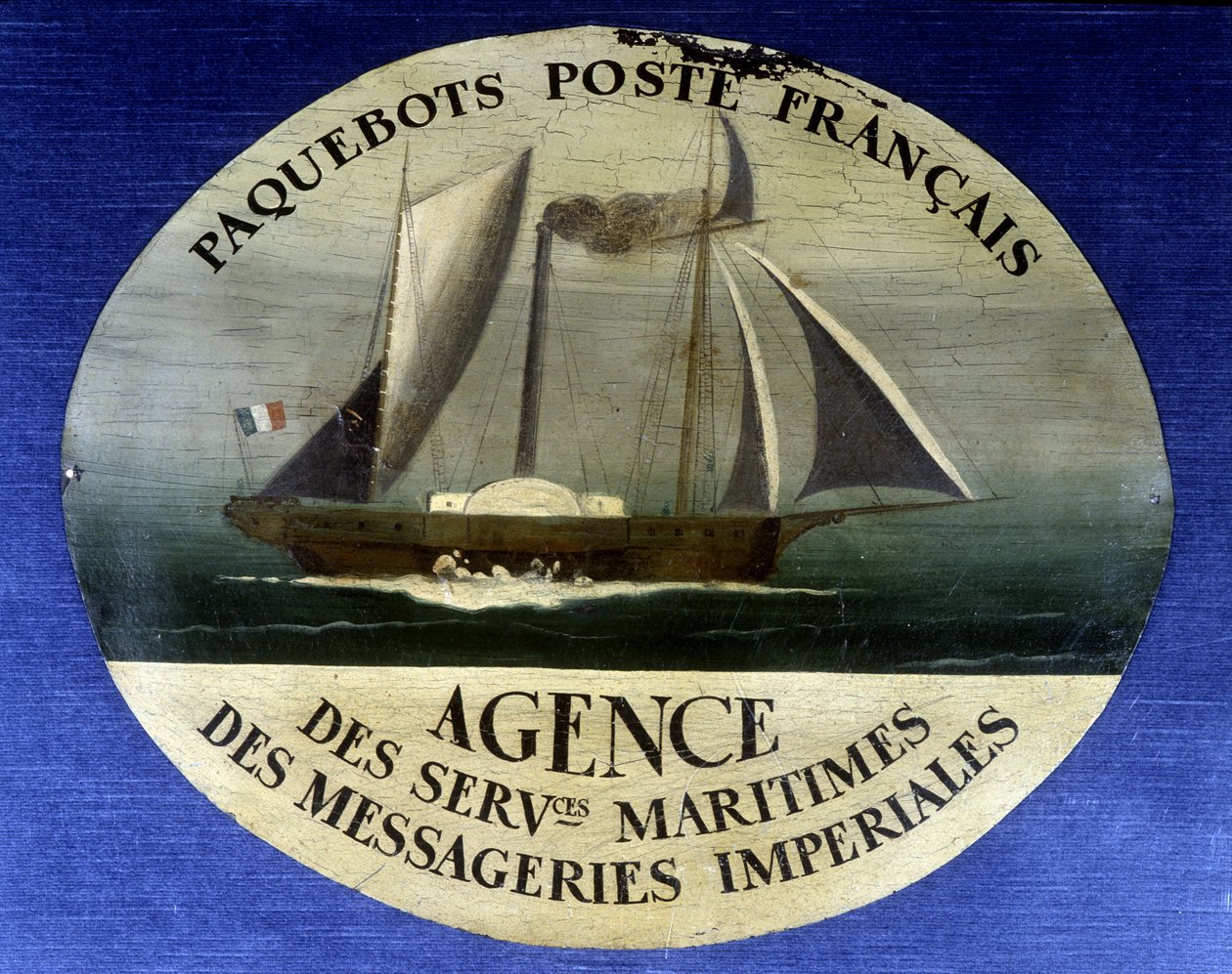 Sinal publicitário para correio francês, agência de serviços marítimos de correios imperiosos - pintura em madeira, final do século XIX de French School
