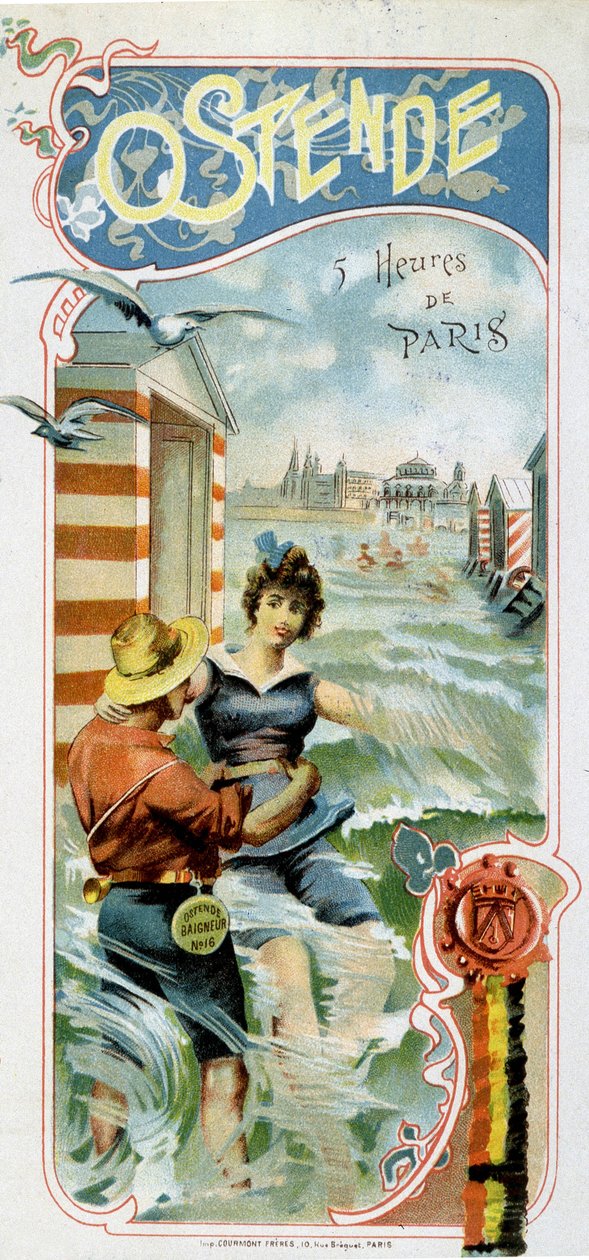Publicidade para chegar a Ostende (Bélgica) a partir de Paris: Ostende: 5 horas de Paris, c.1900 (cromolitografia) de French School