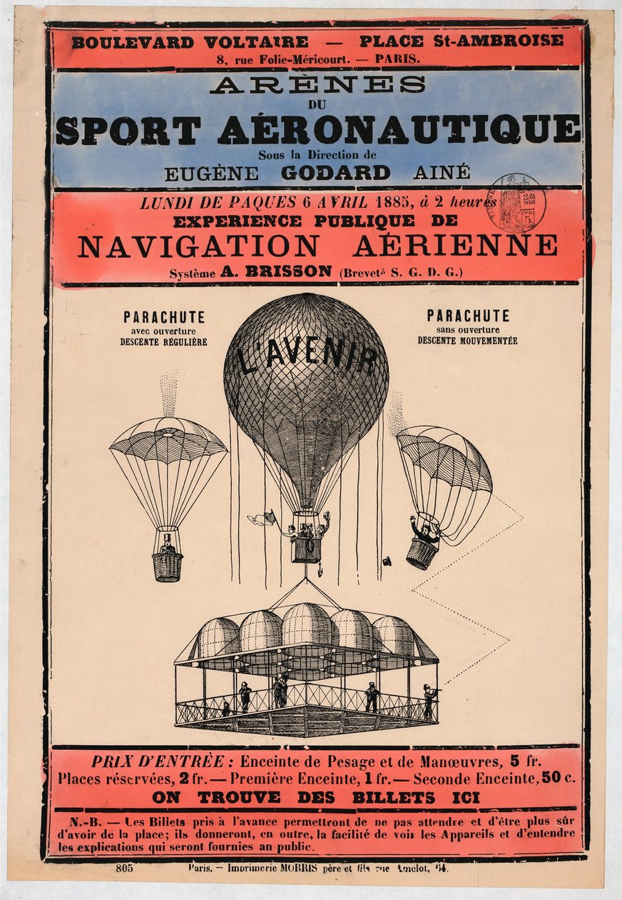 Exposição Aeronáutica a ser realizada em Paris em 1885 sob a direção de Eugene Godard, pb. 1885 (litografia a cores) de French School