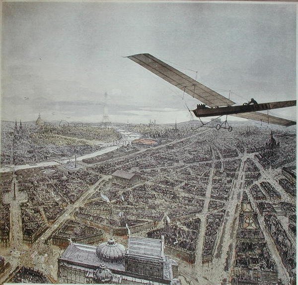 Avião sobrevoando Paris, ilustração para um calendário de 1911 (cor litho) de French School