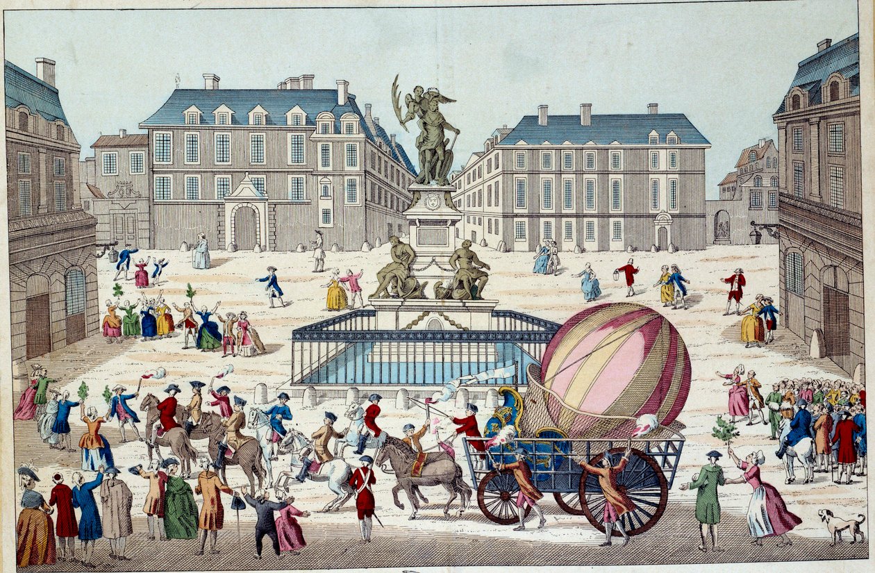 Aeróstato: a segunda tentativa de voar num balão. Todo o globo aerostático de Charles e Robert em Paris, após uma viagem num balão de gás hidrogénio, em 02/12/1783. Gravura anónima do século XVIII. Paris, artes decorativas de French School