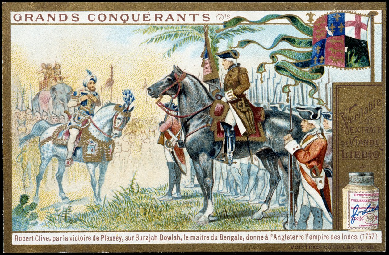 Após a vitória de Plassey sobre Surajah Dowlah (Suraj Ud-daula ou Ud Daula Ud Daulah ou Ud-Daulah), o mestre de Bengala deu à Inglaterra o Império da Índia em 1757. A cromolitografia do século XIX. de French School
