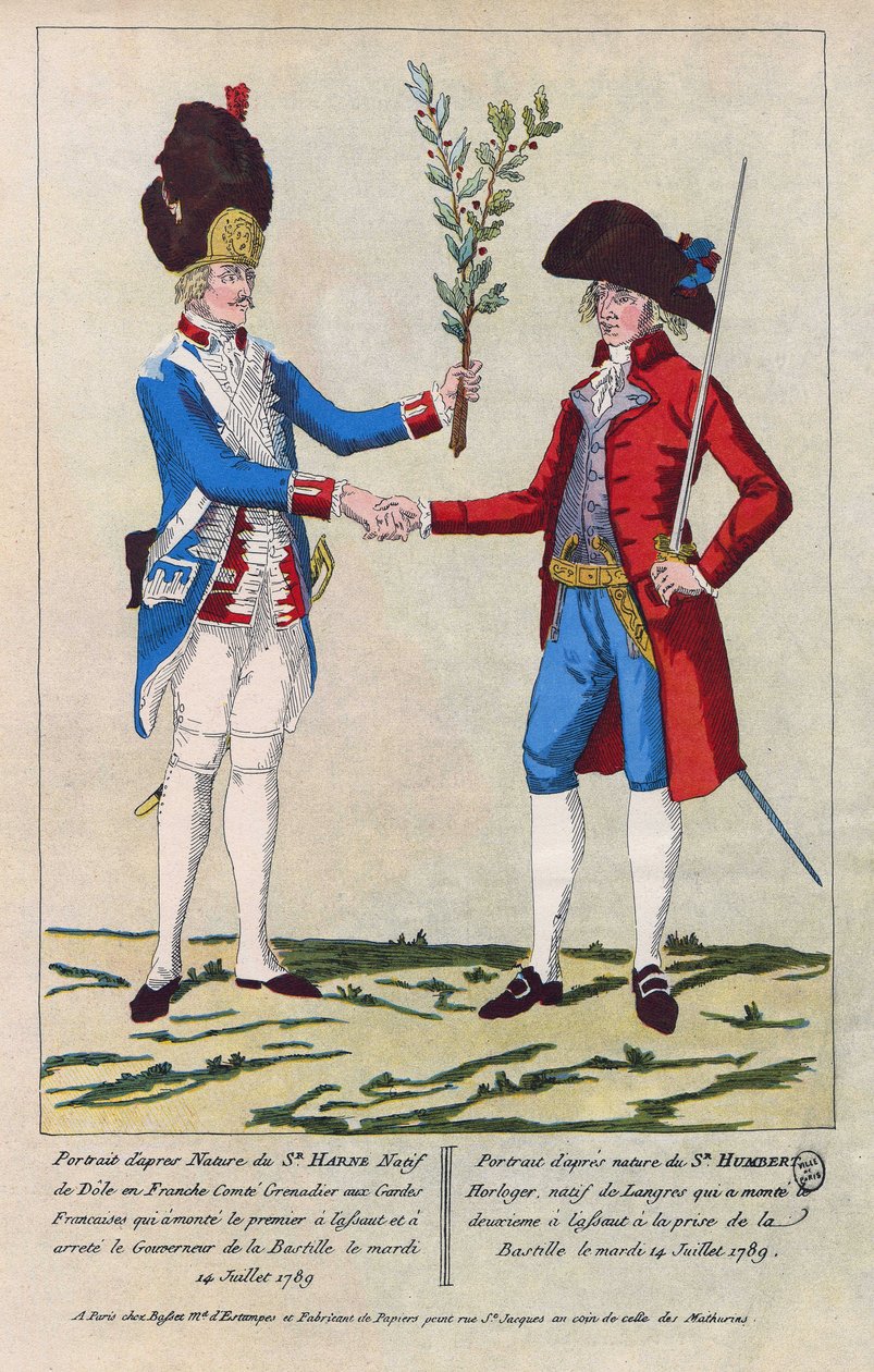 Retrato de época de Sieur Harne, granadeiro, e Sieur Humbert, relojoeiro. Foram os primeiros homens a ser atacados durante a tomada da Bastilha, em 14 de julho de 1789. Gravura de 1790. de French School
