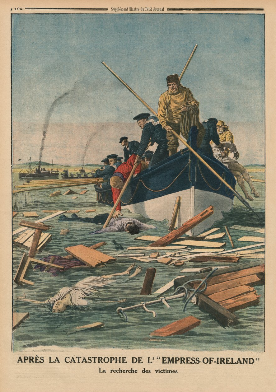 Após o desastre da Imperatriz da Irlanda, em busca das vítimas, ilustração da capa do "Le Petit Journal", suplemento ilustrado, 14 de junho de 1914 de French School