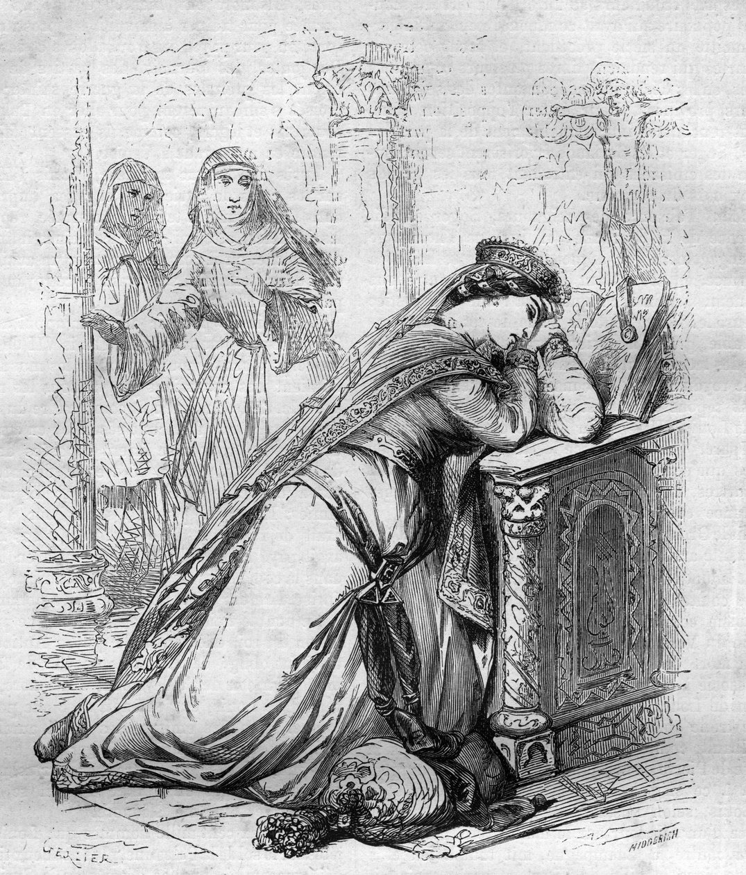 Agnes de Meranie ou Meran (1172-1201), rainha da França, foi enviada ao convento pelo rei Filipe Augusto. Gravação em "História dos Papas (...) Crimes da Rainha Rei e Imperadores através dos séculos" por Maurice Lachatre de French School