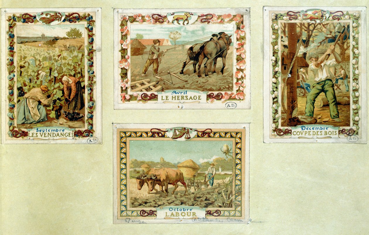 Calendário agrícola representando as várias estações de agricultura, final do século XIX de French School