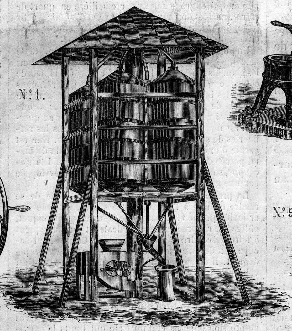 Máquina agrícola: um sótão conservador para trigo apresentado na Exposição Agrícola de 1860 em Paris. Gravura no "Le Monde Illustré" n°168 de 30 de junho de French School