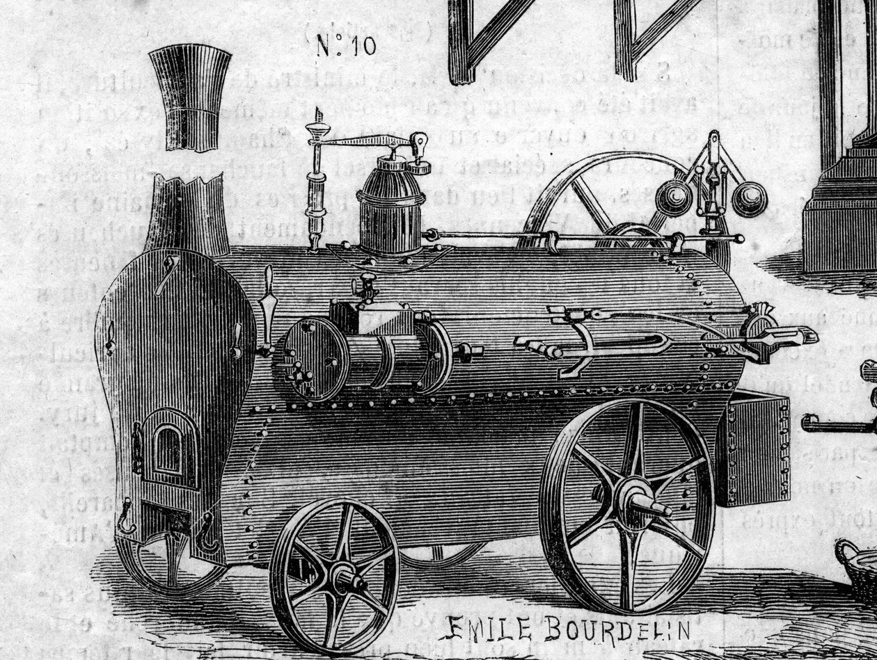 Máquina agrícola: um locomóvel apresentado no concurso agrícola de Paris, em 1860. Gravura no "Le Monde Illustré" n°169 de 7 de Julho de 1860. de French School