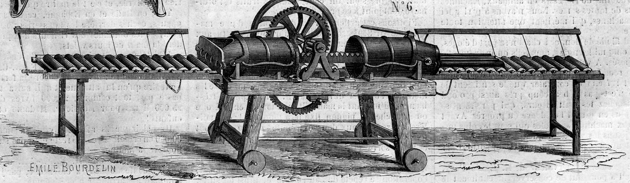 Máquina agrícola: uma máquina para fazer tubos de drenagem apresentada na Exposição Agrícola de 1860 em Paris. Gravura no "Le Monde Illustré" n°168 de 30 de junho de French School