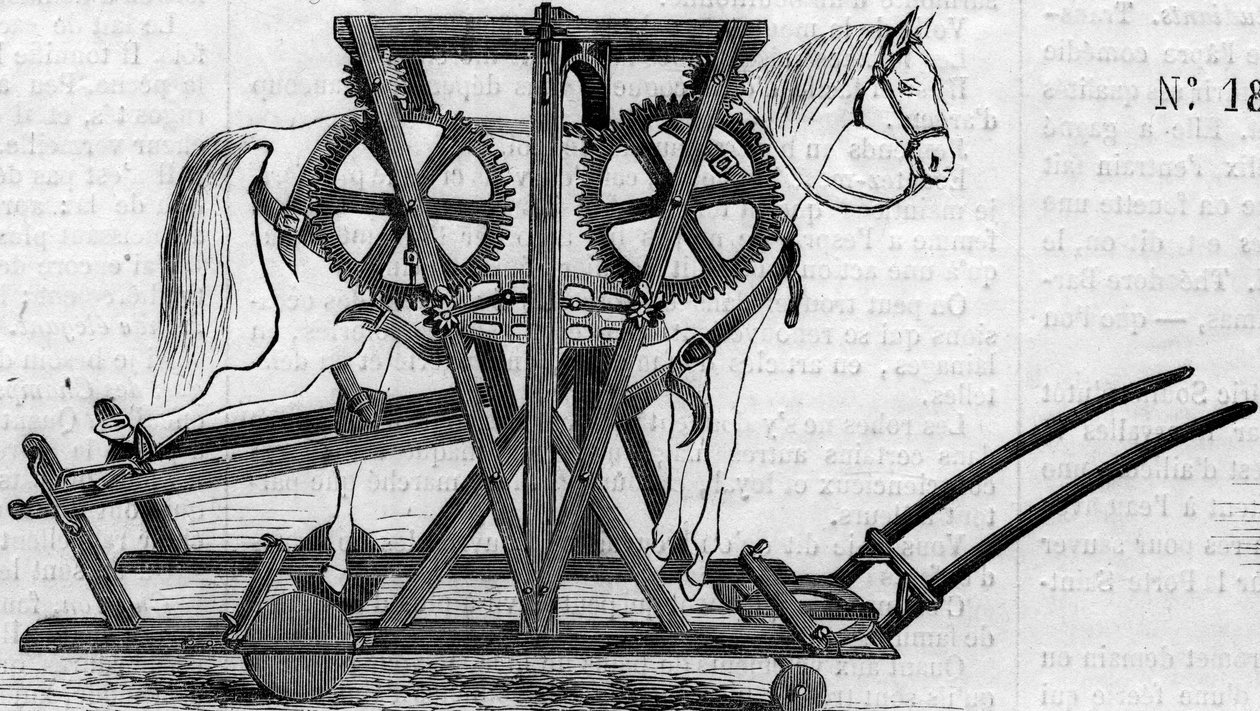 Máquina agrícola: um dispositivo de suspensão (ou trabalho portátil) utilizado para imobilizar cavalos ou gado antes de tratá-los. Máquina apresentada no concurso agrícola de Paris, em 1860. Gravura no "Le Monde Illustré" n°172 de 28 de Julho de 1860. de French School
