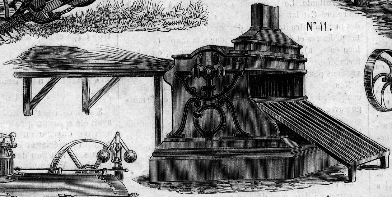 Máquina agrícola: uma debulhadora apresentada no concurso agrícola de Paris, em 1860. Gravura no "Le Monde Illustré" n°169 de 7 de Julho de 1860. de French School