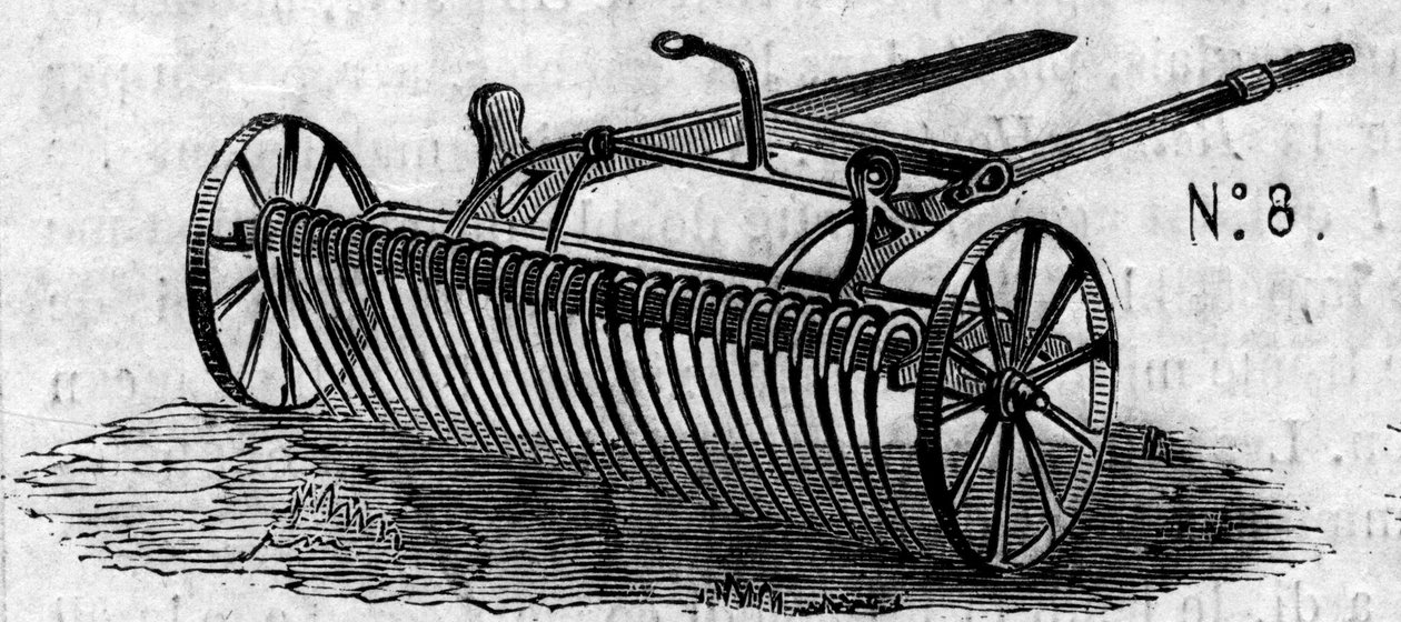 Máquina agrícola: um ancinho inglês apresentado no concurso agrícola de Paris, em 1860. Gravura no "Le Monde Illustré" n°169 de 7 de Julho de 1860. de French School