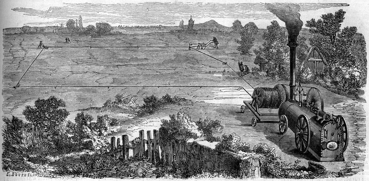 Agricultura: camponeses que utilizam uma máquina a vapor para o seu cultivo. Gravura em "Le Monde Illustré" n°131 de 15 de Outubro de 1859. de French School