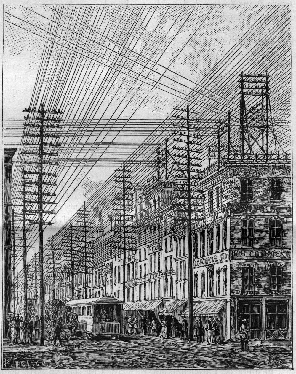 Fios elétricos aéreos, na Filadélfia (Estados Unidos), esquina da rua Chesnut com a terceira rua. Gravura em "La Nature. Revue des sciences et de ses applications aux arts et a l