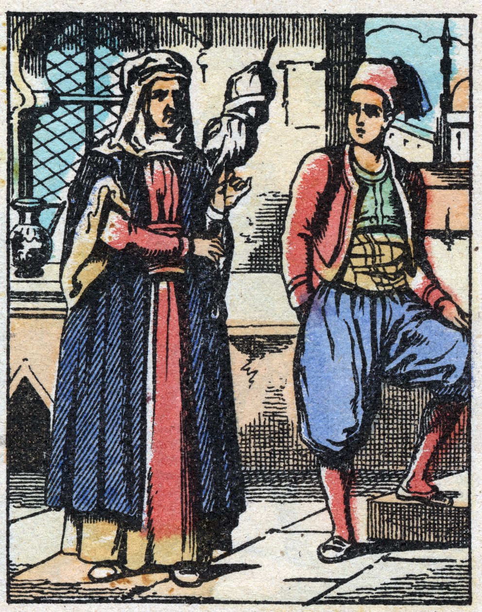 Aladin e a sua mãe a viver do seu trabalho. Gravação do conto das Mil e Uma Noites "Aladino e a Lâmpada Maravilhosa". Imagem epinal, finais do século XIX. Coleção particular. de French School