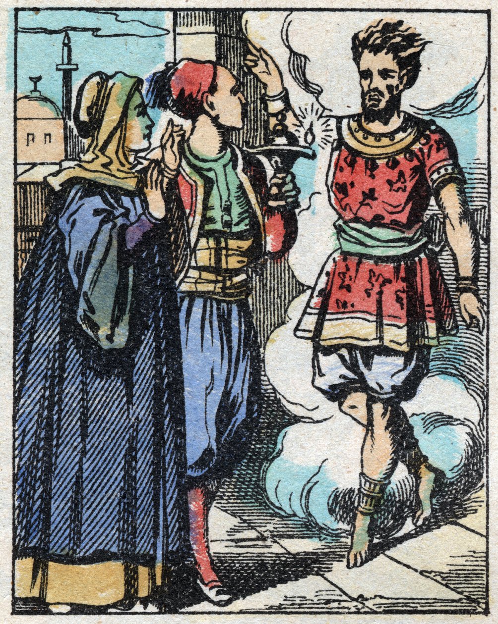 Aladin e a mãe dele esfregaram a lâmpada mágica e fizeram o génio aparecer. Gravação do conto das Mil e Uma Noites "Aladin e a Lâmpada Maravilhosa". Imagem epinal, finais do século XIX. Coleção particular. de French School