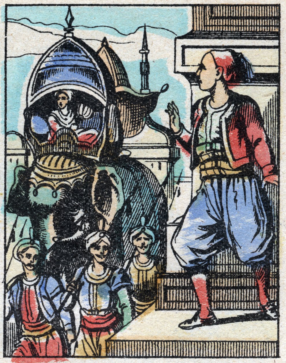 O Aladin apaixona-se pela filha do sultão. Gravação do conto das Mil e Uma Noites "Aladino e a Lâmpada Maravilhosa". Imagem epinal, finais do século XIX. Coleção particular. de French School
