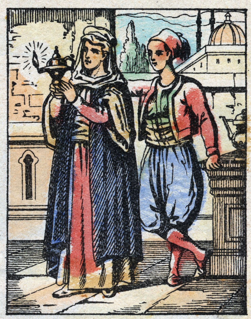 O Aladin usa a lâmpada mágica para a sua mãe. Gravação do conto das Mil e Uma Noites "Aladin e a Lâmpada Maravilhosa". Imagem epinal, finais do século XIX. Coleção particular. de French School