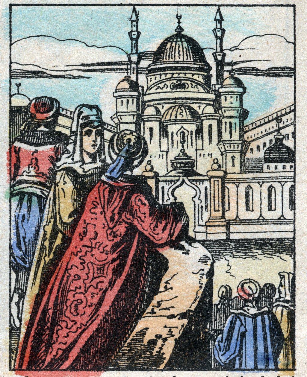 Aladin deseja que o Génio construa um sumptuoso palácio em frente ao palácio do Sultão. Gravação do conto das Mil e Uma Noites "Aladino e a Lâmpada Maravilhosa". Imagem epinal, finais do século XIX. Coleção particular. de French School