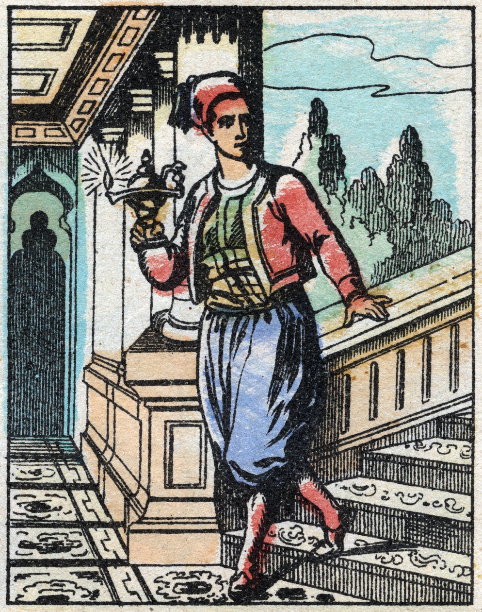 Aladin com a lâmpada mágica não encontra mais o seu caminho. Gravação do conto das Mil e Uma Noites "Aladin e a Lâmpada Maravilhosa". Imagem epinal, finais do século XIX. Coleção particular. de French School
