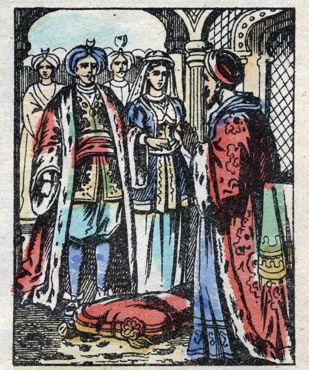 O casamento do Aladin com a filha do Sultão. Gravação do conto das Mil e Uma Noites "Aladino e a Lâmpada Maravilhosa". Imagem epinal, finais do século XIX. Colecção privada. de French School