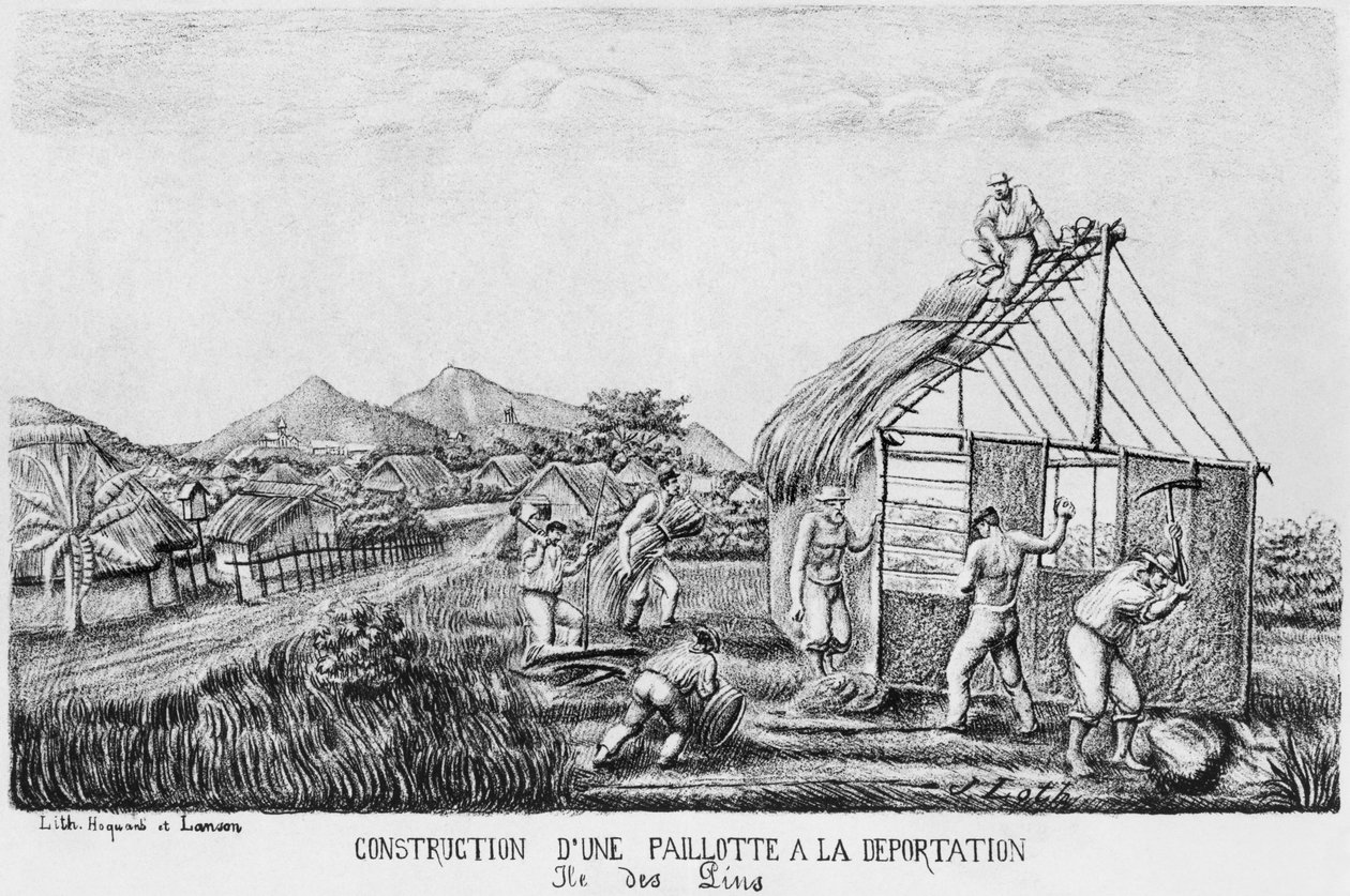 Álbum da Ilha dos Pinheiros, construção de uma cabana de palha pelos deportados, 1878-79 de French School