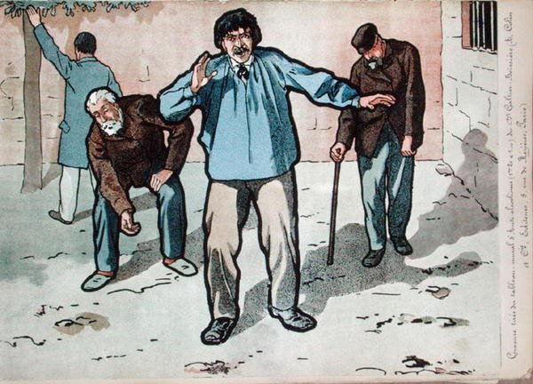Alcoólicos na casa dos pobres, cópia de um detalhe da pintura mural do Dr. Galtier-Boissiere sobre os perigos do alcoolismo, final do século XIX (cor litho) de French School