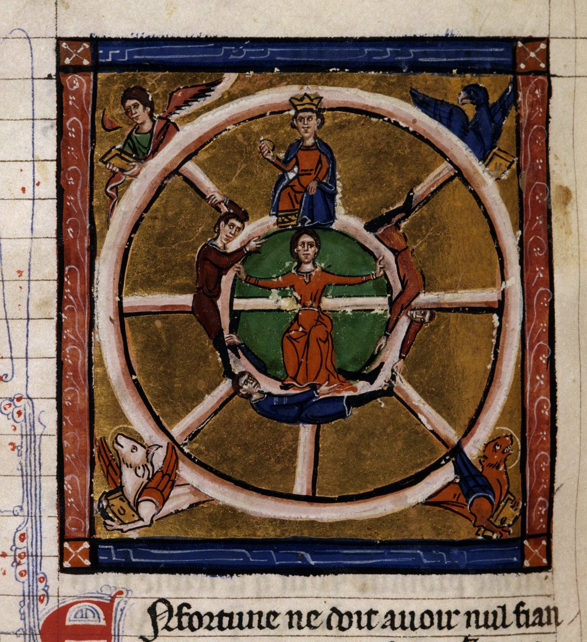 Alexandre III O Grande (356-323 AC) sentado na roda da Fortuna rodeia o Tetramorfo. Miniatura do manuscrito "Histoire ancienne à la Cesar", cerca de 1260-1270 escrito por um escrivão ao serviço da corte de Roger IV, Chatelain de Lille (120 de French School