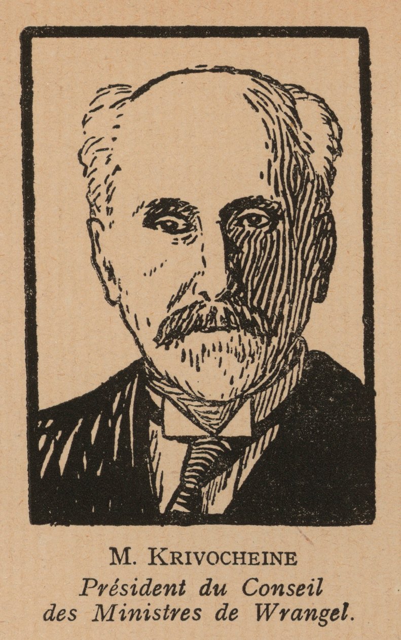 Alexander Krivoshein, político monárquico russo que liderou o governo russo branco de Pyotr Wrangel na Crimeia durante a Guerra Civil Russa (litografia) de French School