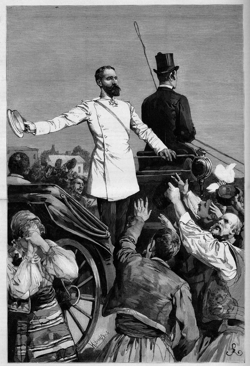 Alexandre de Battenberg - O Príncipe Alexandre I após a sua abdicação foi aclamado pelo povo quando deixou Sófia. Gravura em "O Mundo Ilustrado". de French School