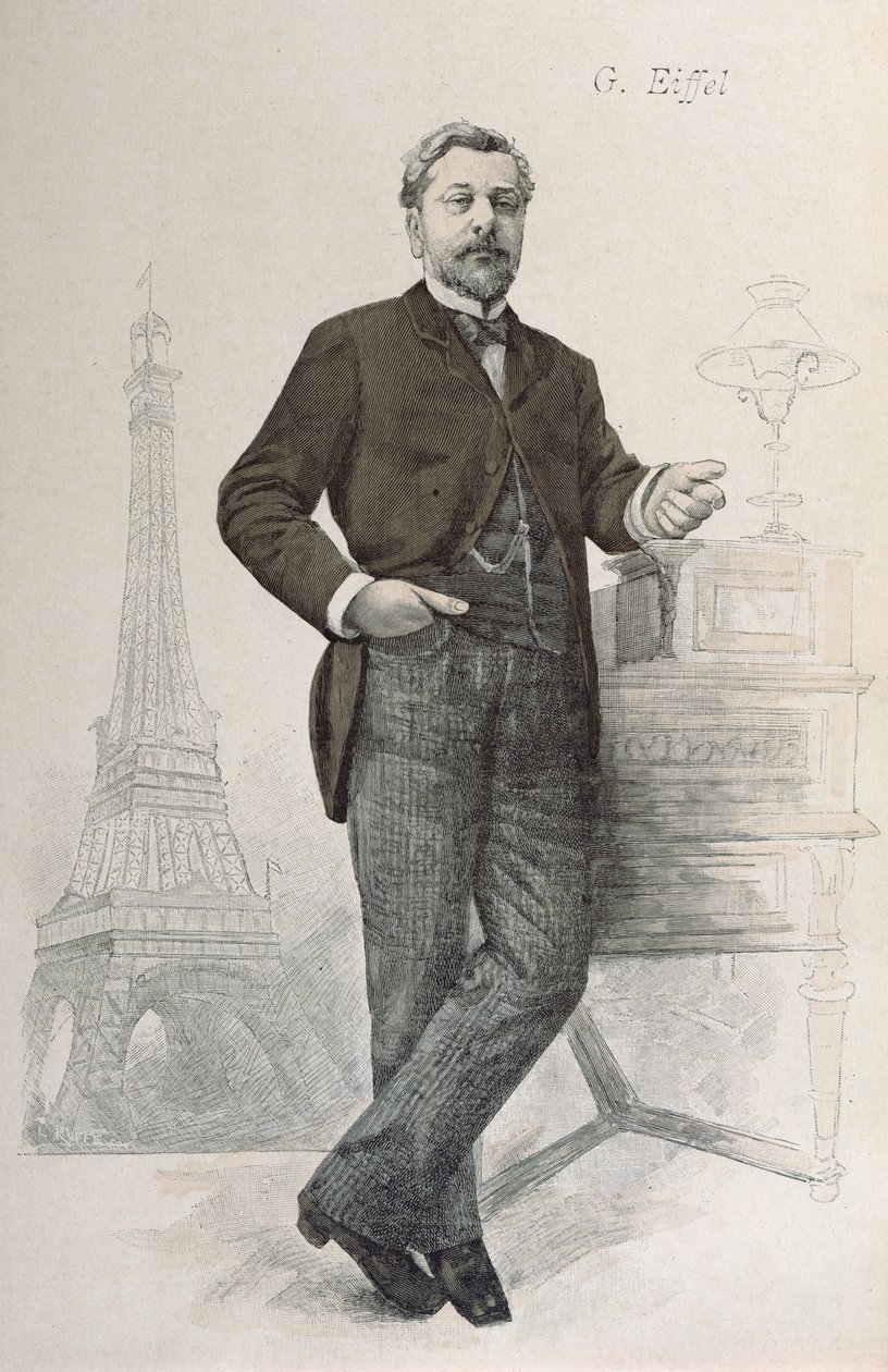 Alexandre Gustave Eiffel posando em sua mesa com um desenho da Tour Eiffel, ilustração de La Revue Illustree, 1888 de French School