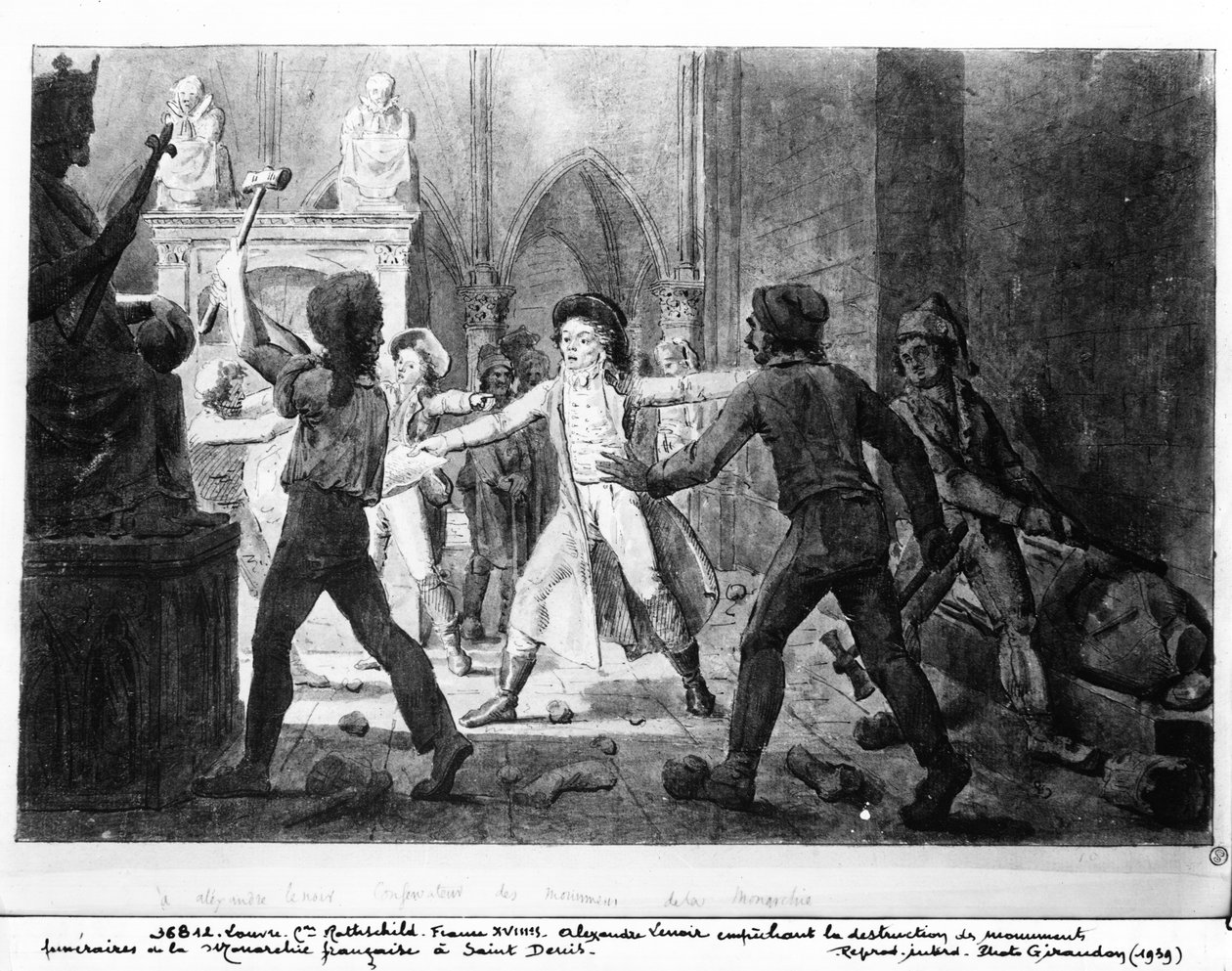 Alexandre Lenoir (1761-1839), opondo-se à destruição dos túmulos reais da monarquia francesa na Igreja de Saint-Denis, 1793 (caneta e tinta sobre papel) de French School