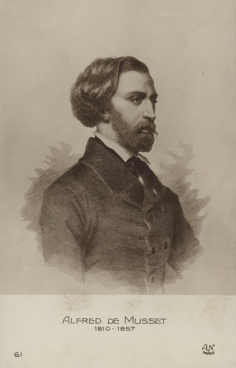 Alfred de Musset, dramaturgo, romancista e poeta francês (litografia) de French School