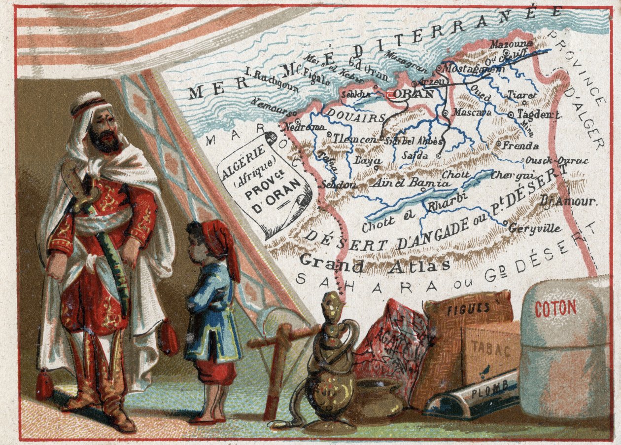 Argélia na África e a Província de Oran, França. Série sobre os Departamentos franceses. Importação de Figos, Algodão, Tabaco, Agathe e Chumbo. Cromolitografia (Chromo) "o fio geográfico", cerca de 1920. Coleção particular. de French School