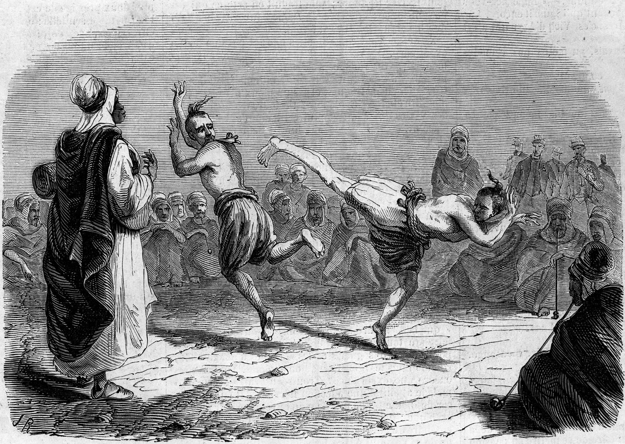 Costume argelino: Dança árabe. Desenho do Sr. Rigo, baseado num esboço do Sr. Ameler, líder do batalhão. Gravura em "Le Monde Illustré" n°86 de 11 de Dezembro de 1858. de French School