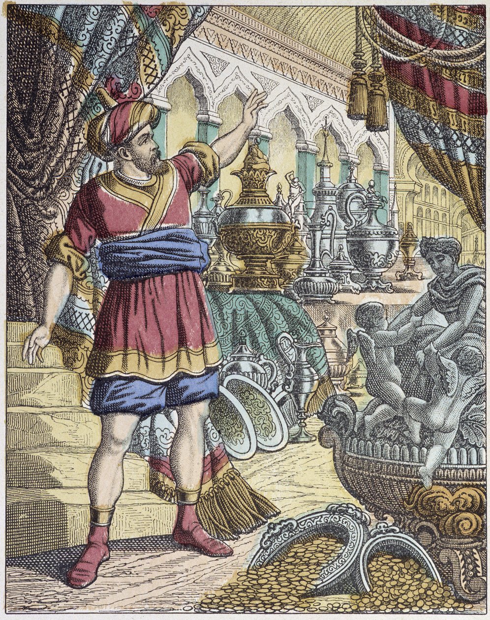 Ali-Baba (Ali Babá) em uma sala do tesouro. Histórias das mil e uma noites. - imagem de Epinal, Pellerin de French School