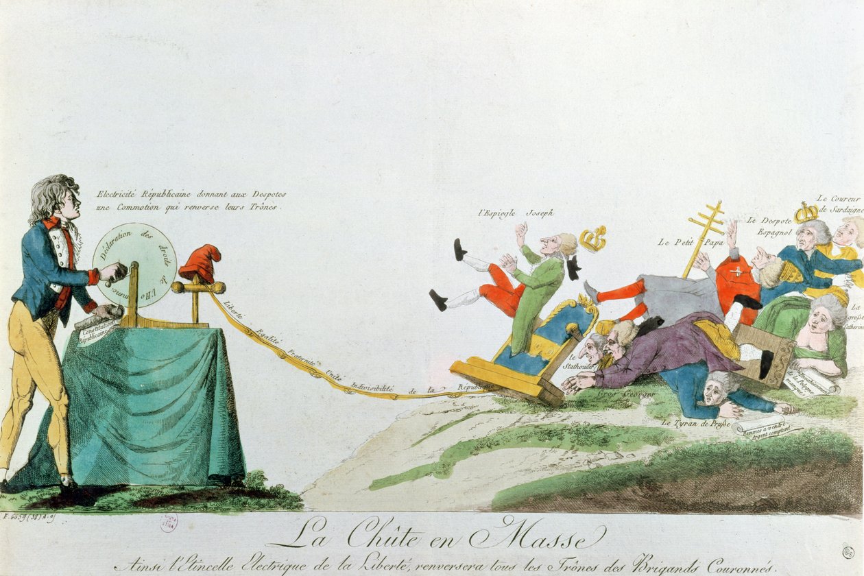 Todos caem, a eletricidade gerada pela Declaração dos Direitos do Homem durante a Revolução Francesa derruba os tronos e monarcas da Europa, c.1793 de French School