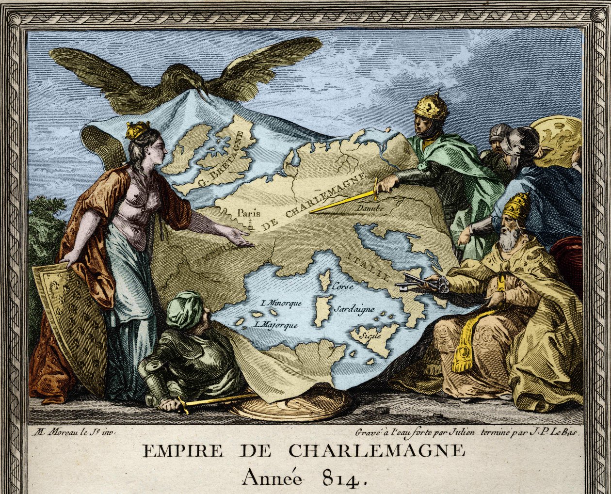 Imagem alegórica representando o Império de Carlos Magno em 814 - Gravura de "Figures de l