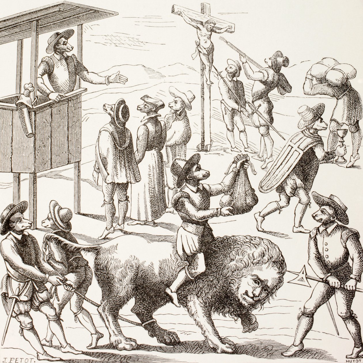 Quadro alegórico dos excessos que teriam sido cometidos pelos huguenotes, de "A vida militar e religiosa na Idade Média", de Paul Lacroix, publicado em Londres, c.1880 de French School