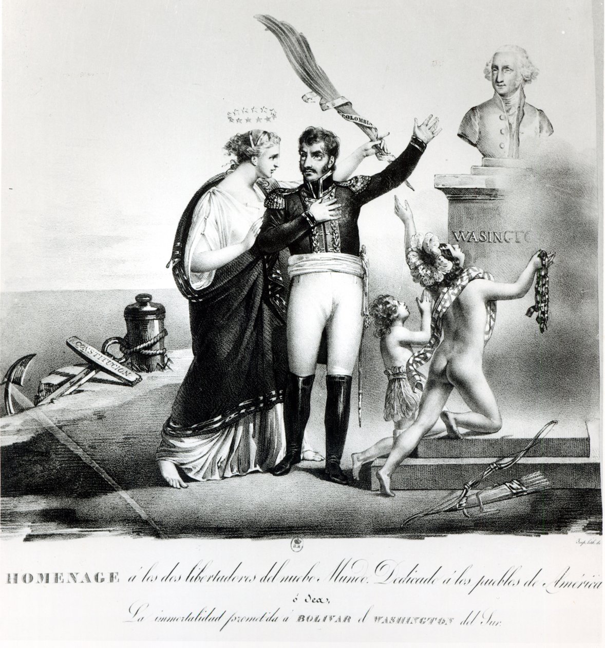 Retrato alegórico do general Simón Bolívar (1783-1830) c.1840 de French School