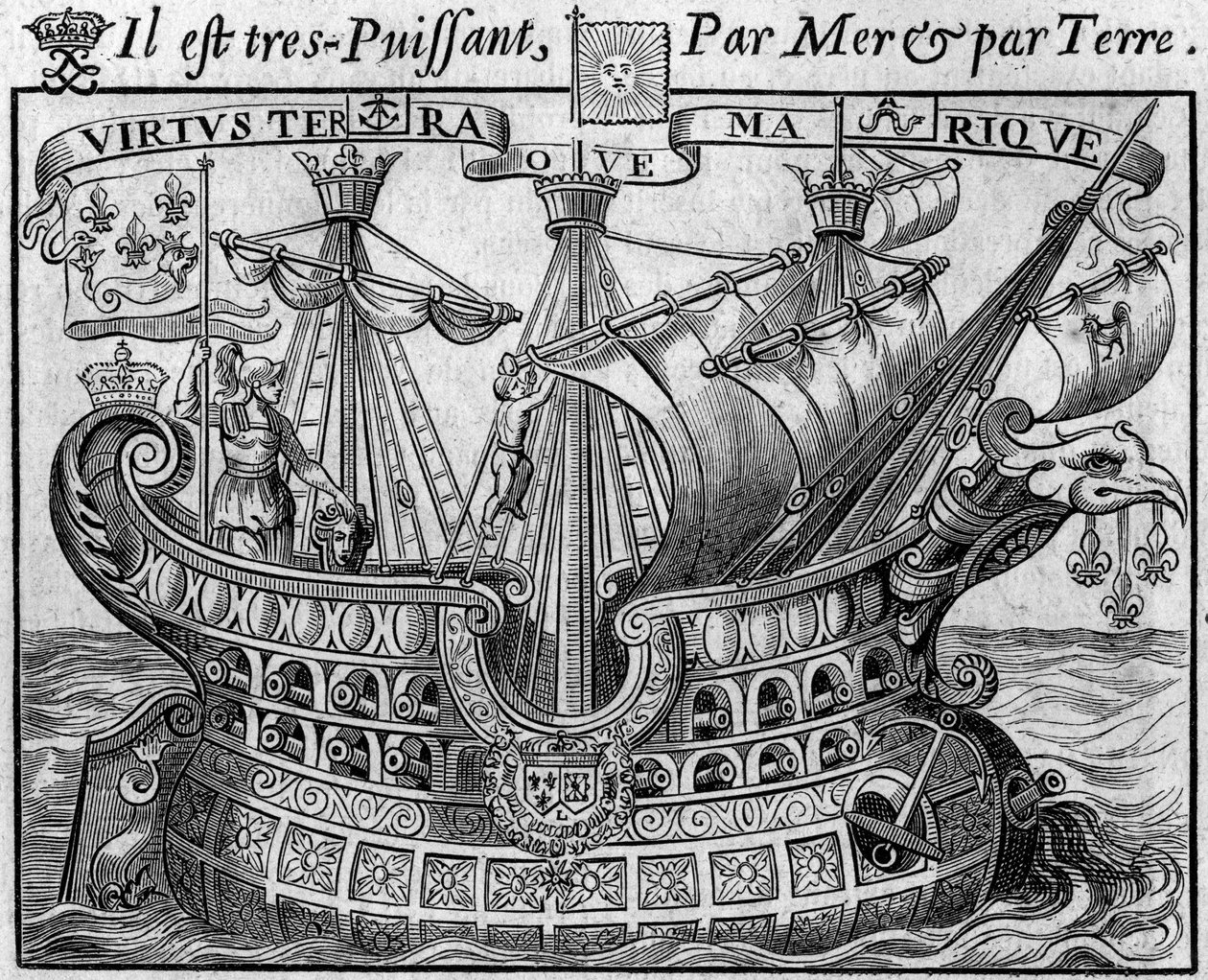 Alegoria do poder francês: "O navio do Estado", símbolo da França, lembra também as armas da cidade de Paris. Trecho do "Livre des monnoyes etrangeres ou le grand banker de France" (1687) de François Barreme (1638-1703), matemático francês. Eng de French School