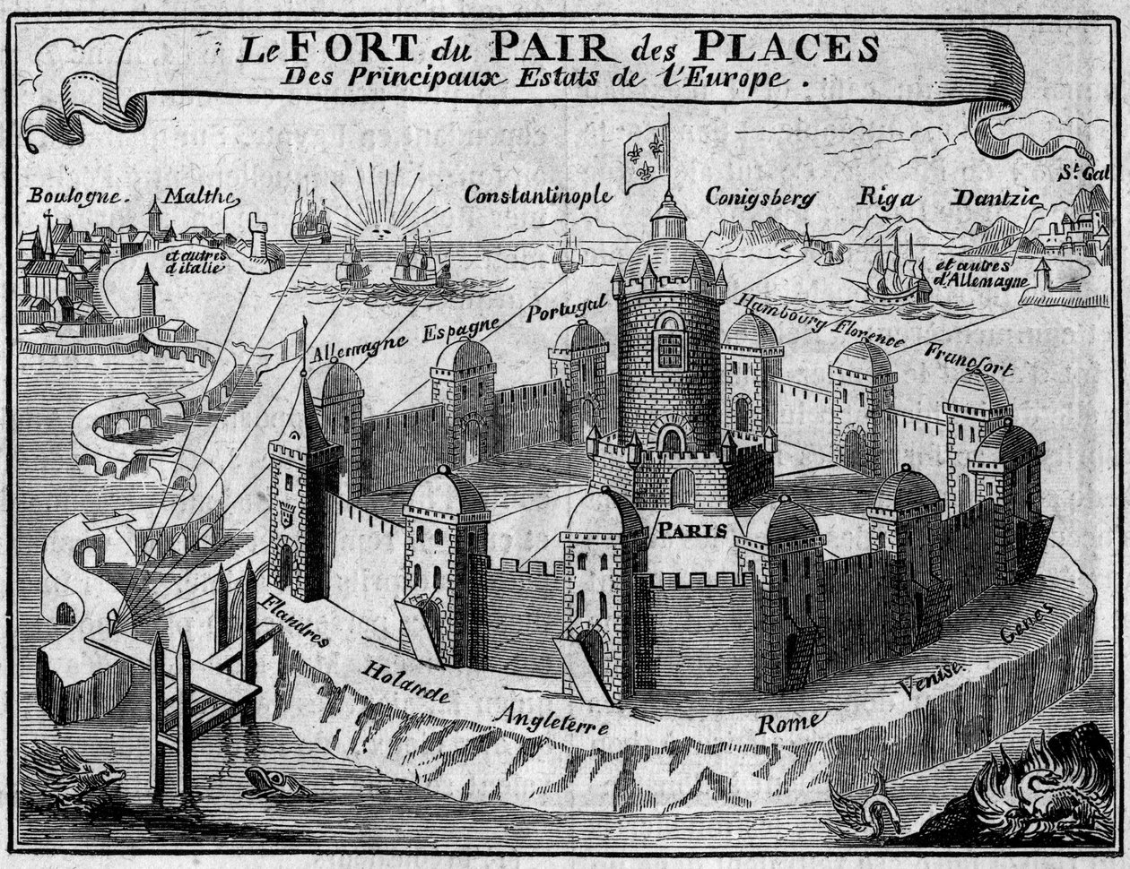Alegoria das relações entre as principais cidades comerciais do mundo: Paris é uma fortaleza protegida por muralhas, cada uma das quais representa um país ou capital da Europa. Trecho do "Livre des monnoyes etrangeres ou le grand banker de France" (1687) d de French School