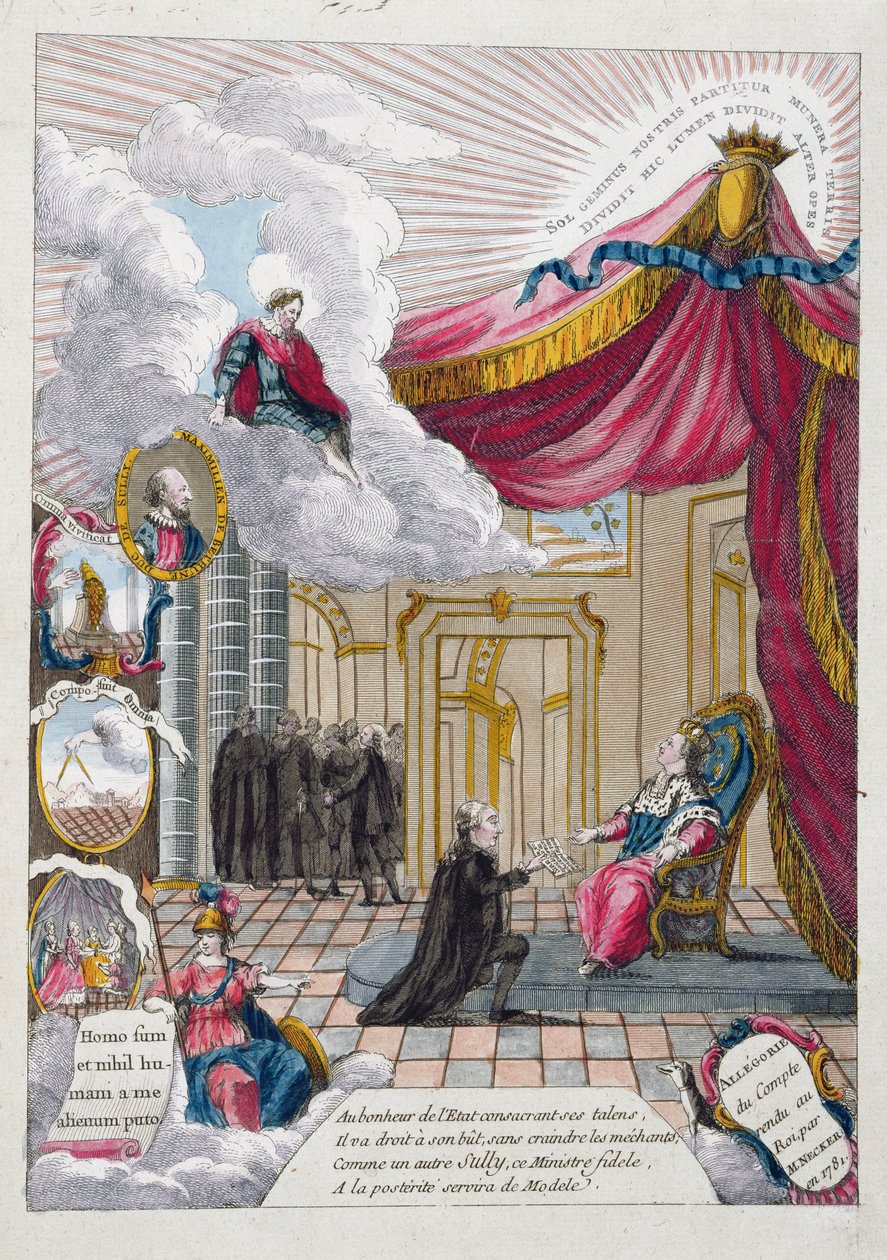 Alegoria do Relatório dado a Luís XVI (1754-93) por Jacques Necker (1732-1804) em 1781 (gravura a cores) de French School