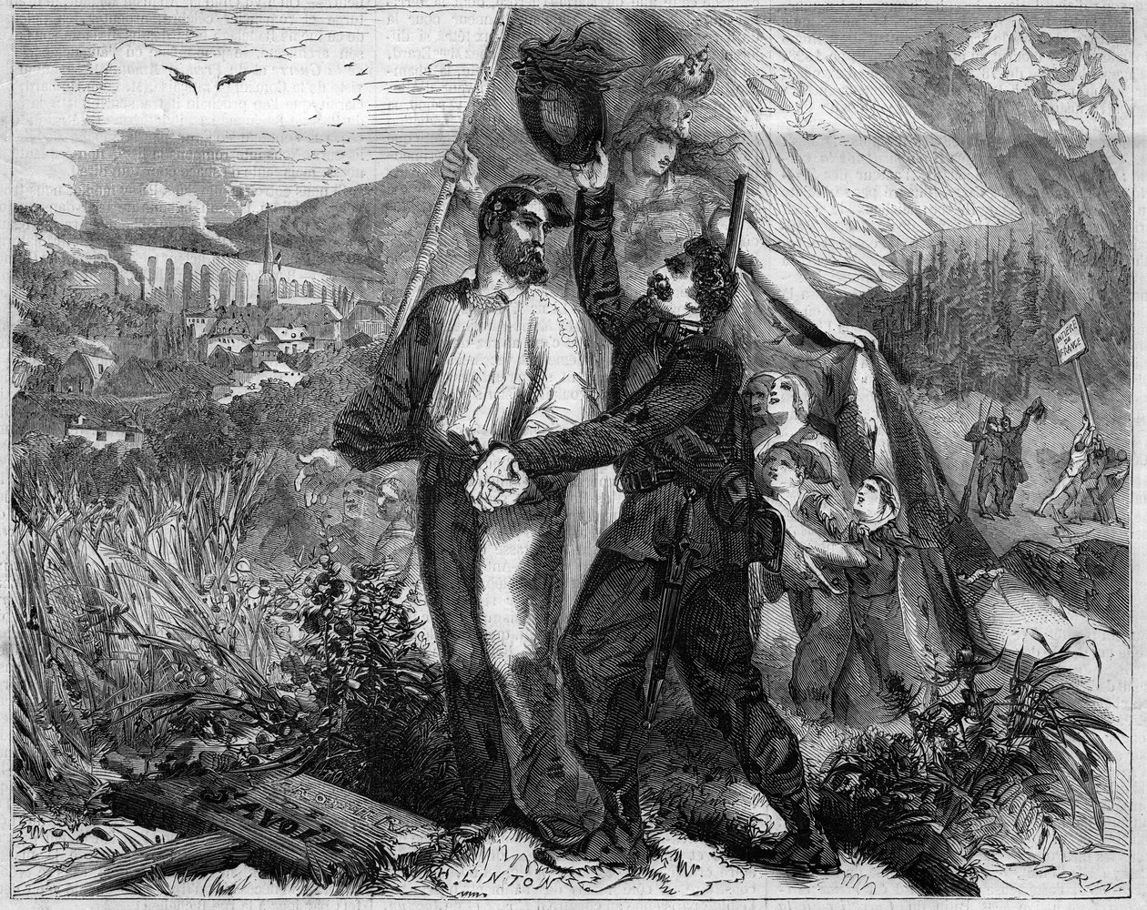Alegoria da anexação da Sabóia à França em 1860. Gravura no "Le Monde Illustré" n°167 de 23 de Junho de 1860. de French School