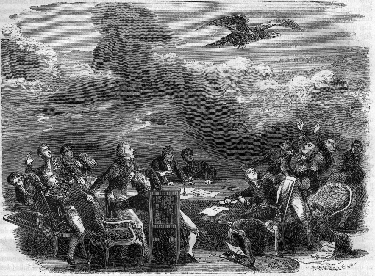 Alegoria do fim do Congresso de Viena em 1815 - extraordinária agitação de diplomatas aprendendo o desembarque de Napoleão - em "História do império seguindo a história do consulado" por Adolphe Thiers - 1879 - coleção privada de French School