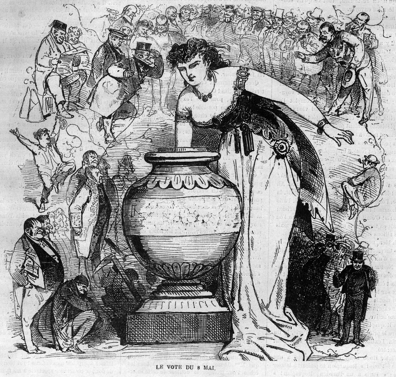 Alegoria do plebiscito de 8 de maio de 1870, último plebiscito organizado sob o Segundo Império. Gravura de 1870 de French School