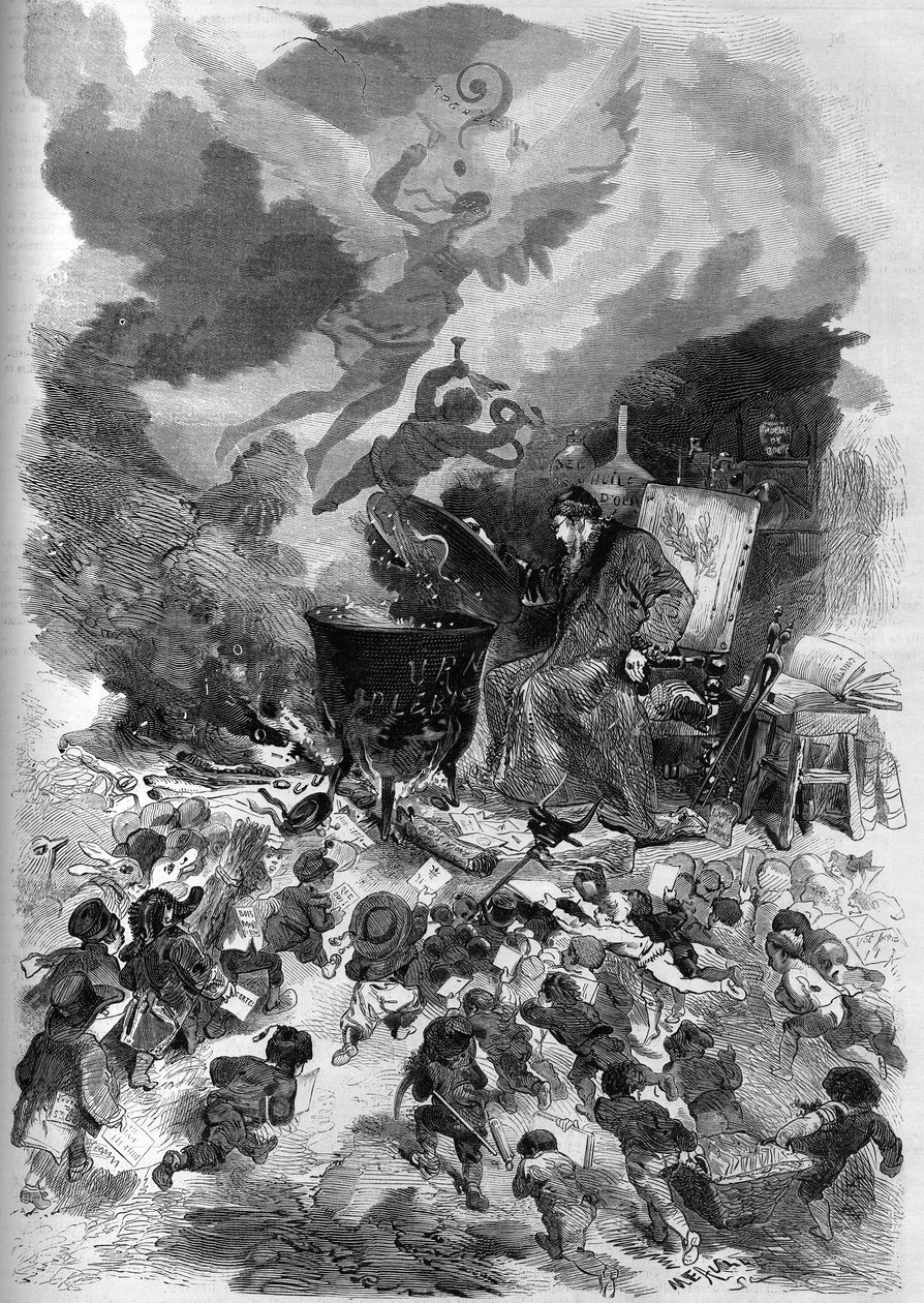 Alegoria do plebiscito de Napoleão III, em 1870. A urna do plebiscito se torna um pote em que o voto popular está fervilhando. O fogo é alimentado pela madeira morta da velha árvore da constituição francesa. Gravado por Edmond Morin em "The Illustrous Worl de French School