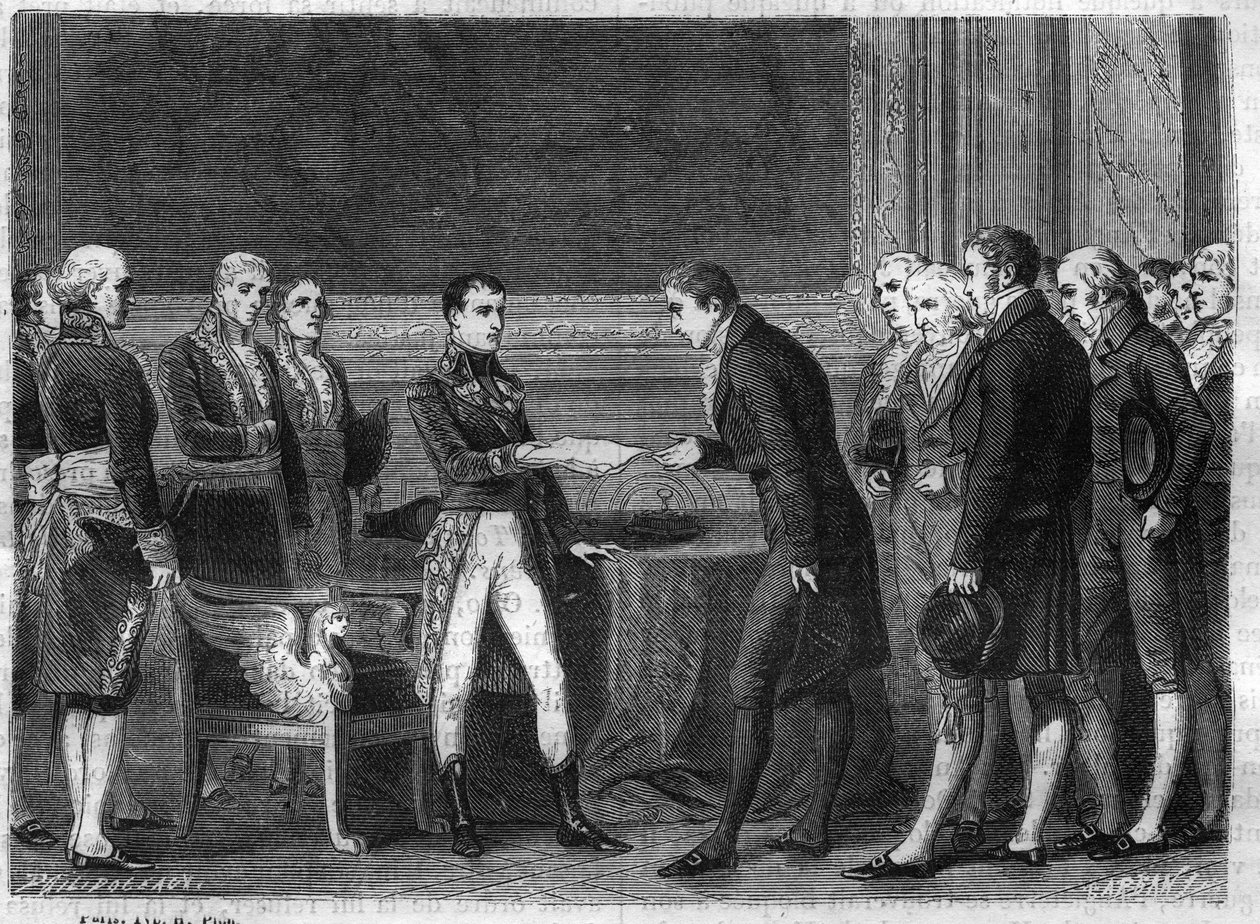 Atribuição do Primeiro Consulado Bonaparte aos delegados suíços da República Helvética, dando-lhes o acto de mediação em Novembro de 1802 - Gravação do "Histoire du Consulate et de l
